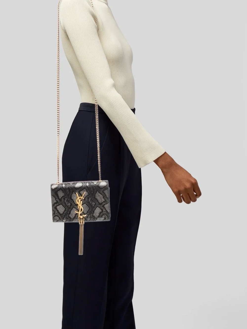 Saint Laurent Black/White Python-Print Kate Tassel Crossbody Shoulder Bag